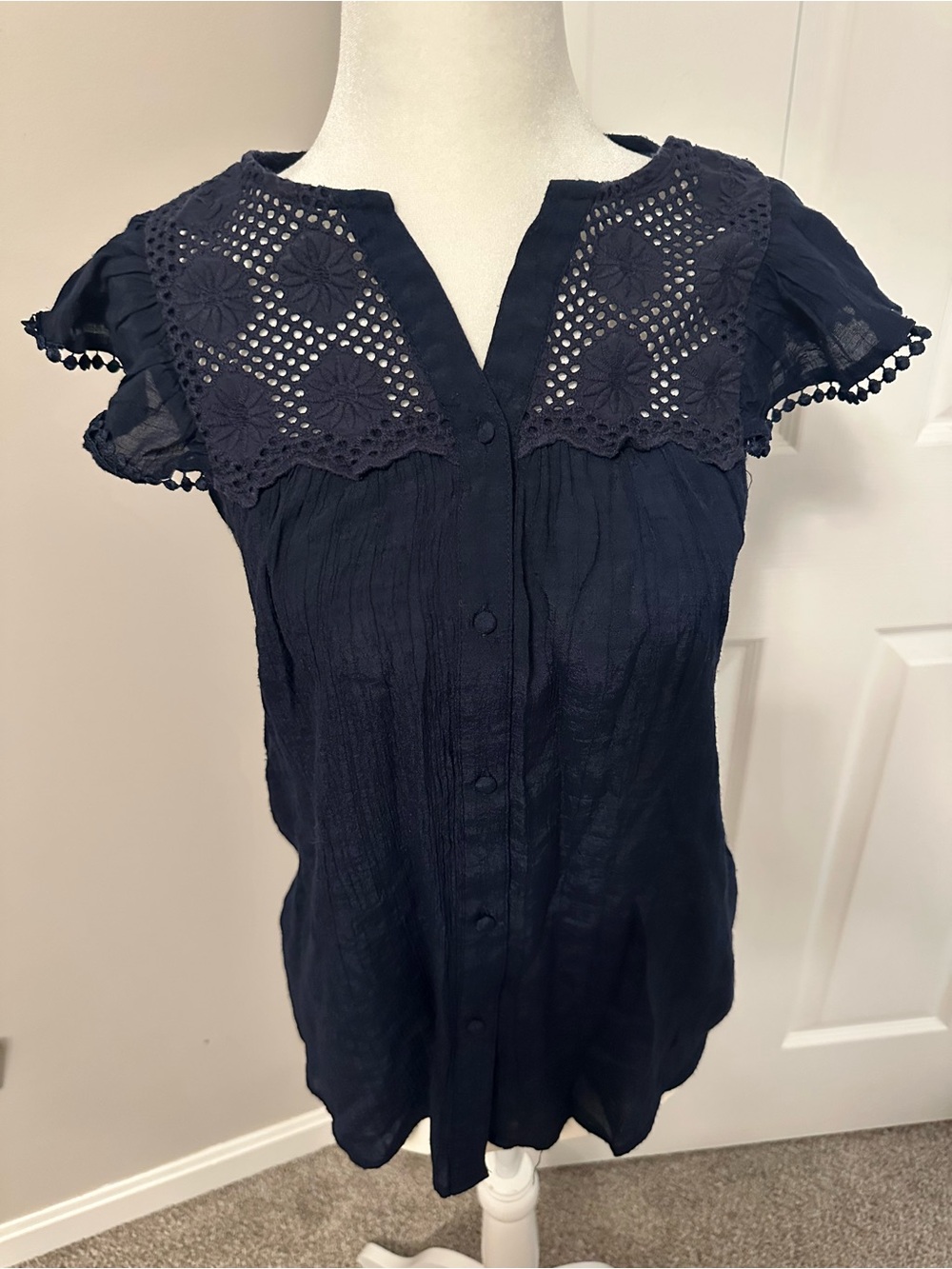 Nanette Lepore Navy Eyelet Yoke Button-Down Blouse
